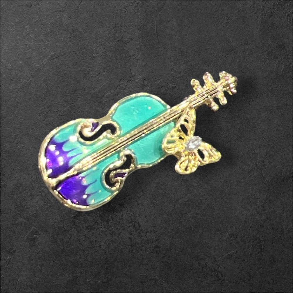 Enamel Violin Brooch with Rhinestone Butterfly - Picture 2 of 6